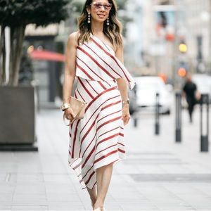 Banana Republic Striped One Shoulder Dress Tiered Red White Asymmetrical.